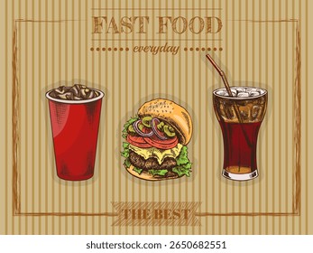 Cardápio de fast food. Ilustração de vetor vintage. Ilustração de esboço desenhado à mão de hambúrguer isolado no fundo vintage. Ótimo para cartaz, cartaz ou fundo de restaurante.