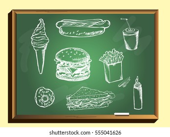 Fast food menu.Fast food elements. Hot dog, hamburger, donuts, ice cream. Doodle food. Fast food on white background.