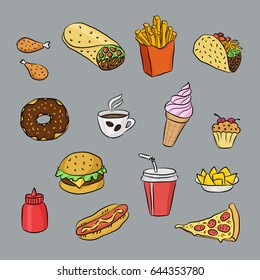 Fast food and mexican cuisine hand drawn colored icons. Doodle illustrations of sandwich, hot dog, pizza slice, ice cream, taco. Vector food illustrations for bistro, fast food chains, snack-bar