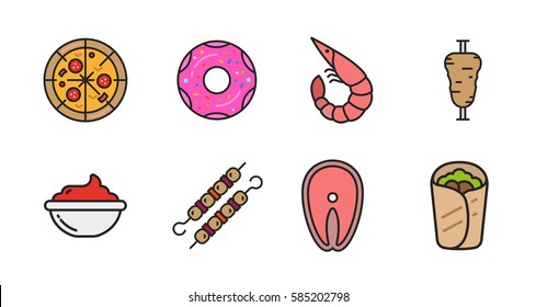 Fast Food Minimal Color Flat Line Stroke Icon Pictogram Symbol Illustration Set Collection. Pizza, Doughnut, Shrimp, Vertical Grill, Sauce, Kebab, Fish Steak, Wrap Sandwich.