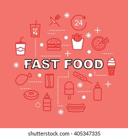 fast food minimal outline icons, vector pictogram set