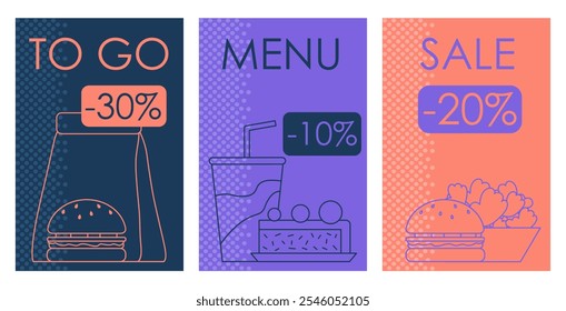 Conjunto de carteles minimalistas de comida rápida. Hamburguesa, ensalada y pierna de pollo con soda. Comida para llevar y comida rápida. Volantes y folletos. Colección de Vector lineal aislada sobre fondo blanco