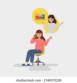 Fast food mobile ordering concept. Flat character style woman seat on the chair and call to ordering drinking, burger and french fries with female call center service.
