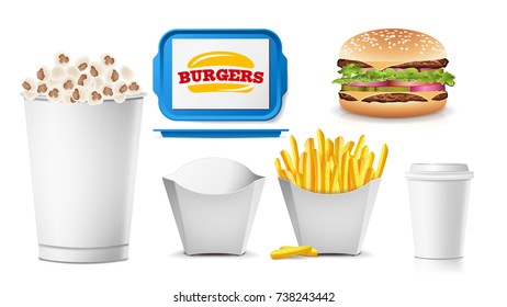 Fast Food Mock Up Set Vector. White Clean Blank. Template For Branding Design. Fast Food Packaging. Isolated On White Illustration