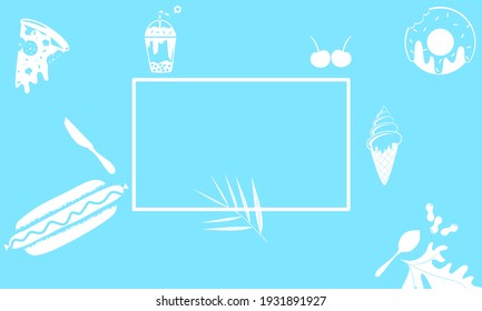 Fast food modern banners set labels background. Fast food template frame and page design for menu design modern style with art fast food icons on blue color background. Vector Illustration.