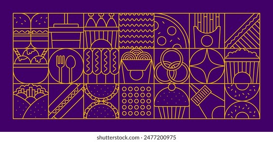 Fast food modern geometric pattern with mosaic burgers and popcorn, vector background. Abstract fast food in geometric mosaic line pattern of pizza, ice cream and hot dog, donut with fries and coffee