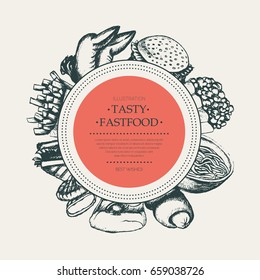 Fast food - modern vector hand drawn round banner template with copy space. Realistic chicken wing, nugget, cheeseburger, French fries, noodles, popcorn, sausage, pizza, sandwich. Display your diner.