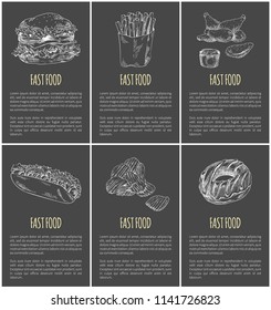 Fast food monochrome sketch outline. French fries and hamburger fried chicken and sauce. Hot dog with sausage donut sweet dessert posters set vector