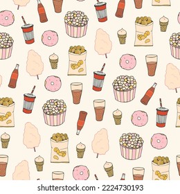 Fast Food movie set vector seamless pattern.
