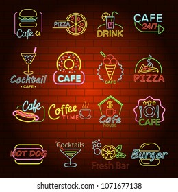 Fast food neon glow shop sign icons set. Flat illustration of 16 fast food neon glow shop sign vector icons for web