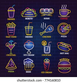 Fast food neon glow shop sign icons set. Cartoon illustration of 16 fast food neon glow shop sign vector icons for web