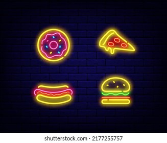 Fast Food Neon Icons Collection. Signs For Snack Bar Menu. Pizza And Burger. Donut And Hot Dog. Simple Symbols For Bar, Cafe And Shop. Editable Stroke. Vector Stock Illustration