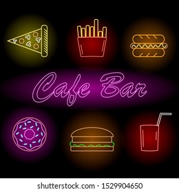 Fast food neon icons. Different types of food delivery elements and illustrations in trendy linear style. For cafe, web, print, business.