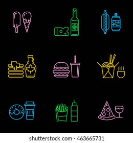 Fast food neon icons. Different types of food delivery elements and illustrations in trendy linear style. For cafe, web, print, business.