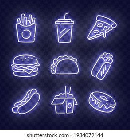 Fast Food neon icons. Food isolated icons, emblem, design template. French fries, Drink, Pizza, Burger, Taco, Shawarma, Hot Dog, Noodles, Donut. Vector Illustration