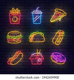 Fast Food neon icons. Food isolated icons, emblem, design template. French fries, Drink, Pizza, Burger, Taco, Shawarma, Hot Dog, Noodles, Donut. Vector Illustration