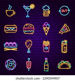 Fast Food Neon Icons. Vector Illustration Of Street Menu Promotion.