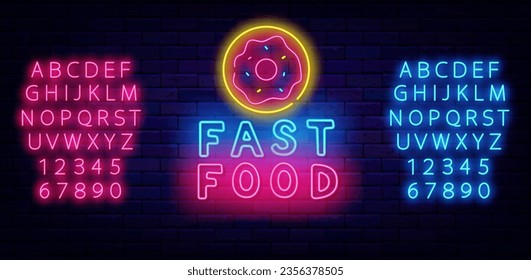 Fast food neon label. Donut icon. Street bakery logotype. Shiny blue and pink alphabet. Glowing advertising. Bright banner. Editing text. Vector stock illustration