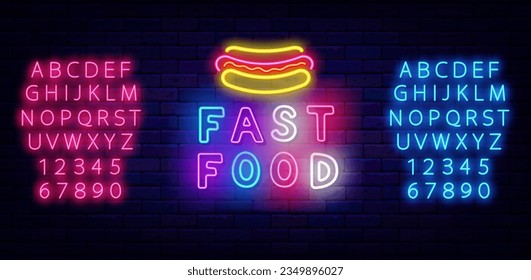 Fast food neon label. Hot dog icon. Street eating logotype. Shiny blue and pink alphabet. Glowing advertising. Bright banner. Editing text. Vector stock illustration