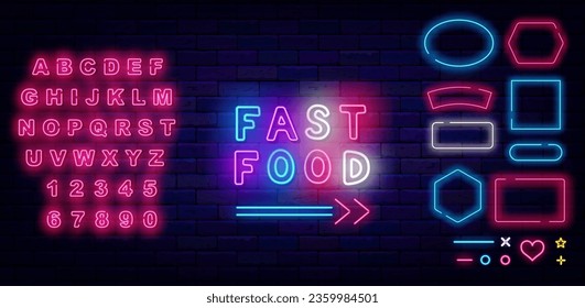 Fast food neon label. Street bakery logotype. Shiny pink alphabet. Glowing advertising. Colorful handwritten text. Geometric frames collection. Bright banner. Editing text. Vector stock illustration