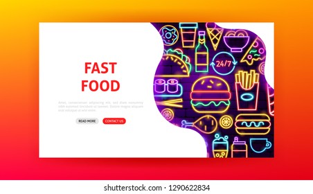 Fast Food Neon Landing Page. Vector Illustration of Street Menu Web Banner.