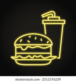 Icono de línea de neón de comida rápida. Hamburguesa y bebida, comida chatarra. Ilustración vectorial.