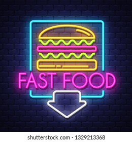Fast Food- Neon Sign Vector. Fast Food-  Badge in neon style on brick wall background, design element, light banner, announcement neon signboard, night advensing. Vector Illustration