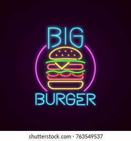 Fast Food neon sign vector. Big Burger with frame. Neon sign, bright signboard, light banner. Neon shine panel, logo for menu, cafe, restaurant, bar, nightclub.