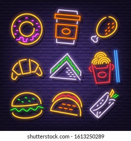 fast food neon signboard icons vector design