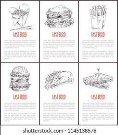 Fast food noodles poster with text sample set. Sandwich with meat and salad Mexican taco and sandwich with roasted bread. Take away meal dish vector