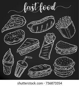 Fast food nutrition. Set of isolated sketches of hot dog with sausage, pizza slice and french fries, soda with straw and cone ice cream, donut and hamburger, taco. Junk greasy unhealthy food theme