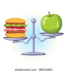 Fast food is on one side of the scale, on the other a green apple.
