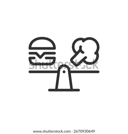 Fast food on scale, linear icon. Caloric balance or diet awareness. Line with editable stroke.