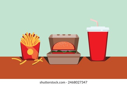 fast food on table vector illustration. Fast lunch, meal, Burger, Fries, Drinks.