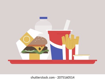 Fast food on a tray, a cheeseburger in a paper box, water in a plastic bottle, a glass of soda, french fries in a striped container and sauce