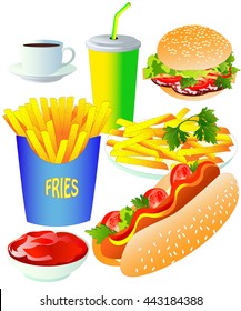 Fast food, on white background. Vector isolated illustration. Burger, hot dog, fries, tomato paste, cola and coffee cup