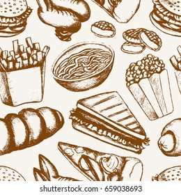 Fast food - one color vector hand drawn seamless pattern. Realistic chicken wing, nugget, cheeseburger, French fries, noodles, popcorn, sausage, pizza, sandwich. Represent your diner well.