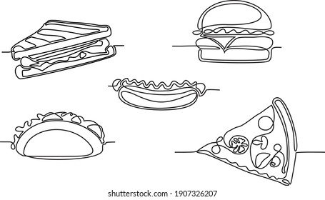 Fast food one line icons set. Continuous line drawing of hot dog burger, tacos, pizza. Modern minimalist posters of fast food products isolated on white, cafe theme for logo. Vector illustration