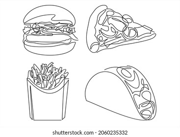 Fast food one line icons set. Continuous line drawing of burger, tacos, pizza,french fries. Modern minimalist posters of fast food products isolated on white, cafe theme for logo. Vector illustration