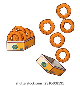 Ilustración vectorial de los anillos de cebolla de comida rápida. Anillos de cebolla de comida rápida y conjunto de vectores de caja. 