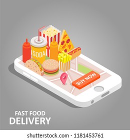 Fast food online concept. Vector isometric smartphone with food delivery app. Pizza, burger, french fries, hot dog, soda popcorn, navigation map with pin marker, buy now button on smart phone screen.