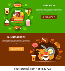 Fast food online menu options 2 flat banners webpage design with business lunch and family meal vector illustration 