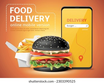 Fast food order app. Realistic hamburger with black sesame bun, french fries packing, phone application, 3d isolated elements, smartphone banner, utter vector express delivery concept