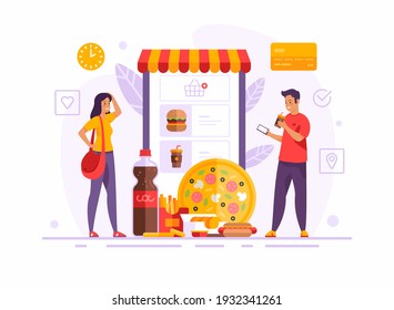 Fast Food Order Concept. Young Couple Cartoon Characters Order Fast Food Meal In The Online Application Catalog Home Delivery Of Ready Meals. Flat Style Vector Illustration