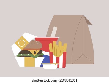 A Fast Food Order Delivery, A Burger In A Paper Box, French Fries, And Soda With A Straw To Go