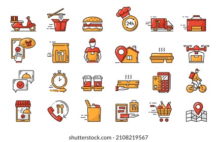 Fast food order and delivery line icons with drone, car, bike and bicycle couriers, map, takeaway coffee and pizza. Fast food restaurant meals phone order, pay and delivery service outline pictograms