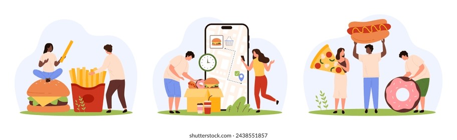 Fast food order and express delivery set. Tiny character holding hotdog, people enjoying takeaway pizza and burger, fries and donut, pin location address on map mobile app cartoon vector illustration