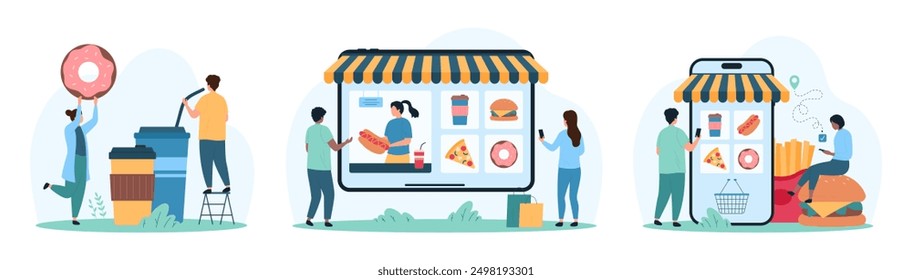 Pedido de comida rápida en App móvil y entrega. Las personas pequeñas eligen bocadillos de la categoría del menú de la interfaz en la pantalla del smartphone grande y la tableta, sostienen la Ilustración vectorial de dibujos animados de la bebida del agua de la rosca y del refresco