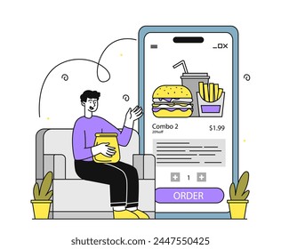 Fast food order online linear. Man with takeaway eating. Cafe or catering service. Shopping on internet and electronic commerce. Simple flat vector illustration isolated on white background