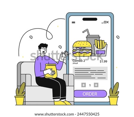 Fast food order online linear. Man with takeaway eating. Cafe or catering service. Shopping on internet and electronic commerce. Simple flat vector illustration isolated on white background